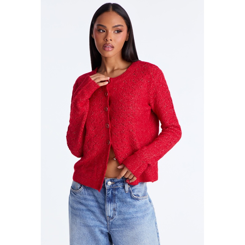 Aubrey Pointelle Cardigan Sweater – Red