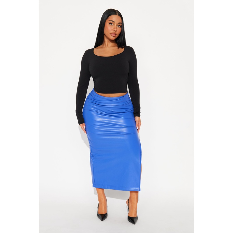 By The Corner Faux Leather Midi Skirt – CobaltBlue