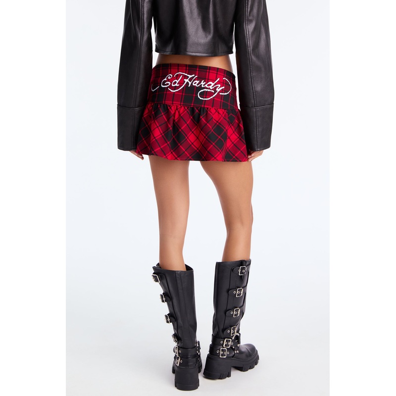 Ed Hardy Dragon Plaid Mini Skirt – Red