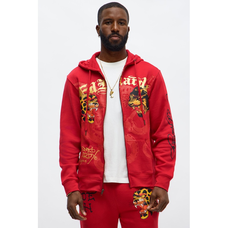 Ed Hardy Wild Cats Zip Up Hoodie – Red