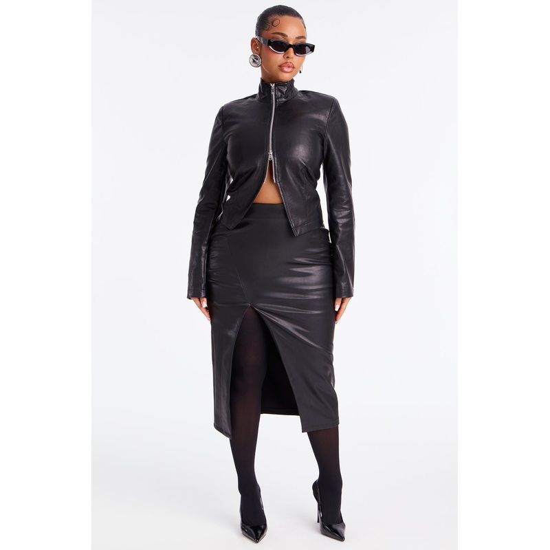 Amiah High Slit Faux Leather Midi Skirt – Black