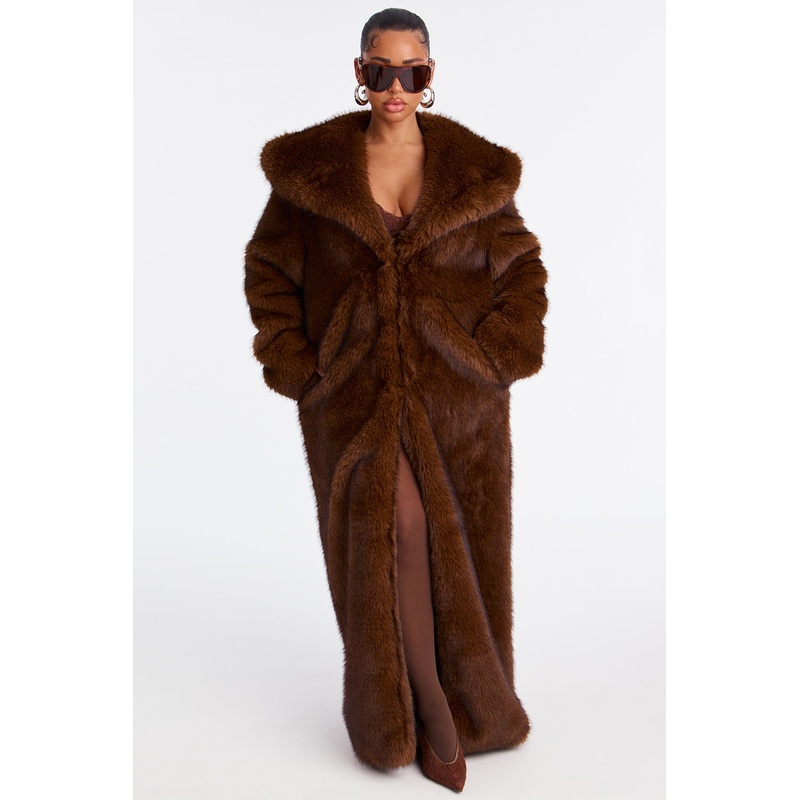 Bella Donna Two Tone Long Faux Fur Coat – Brown