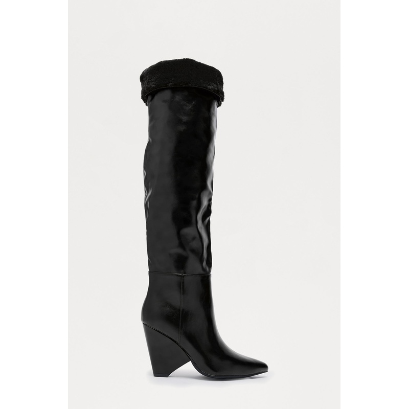 Tirzah Fur Trim Thigh High Boots – Black