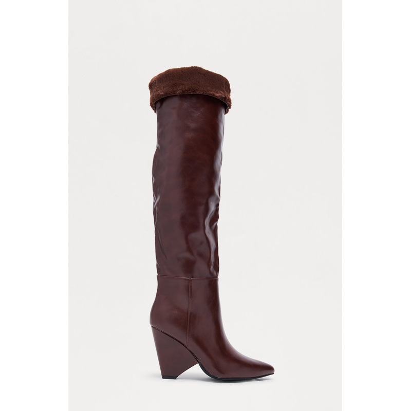 Tirzah Fur Trim Thigh High Boots – Chocolate