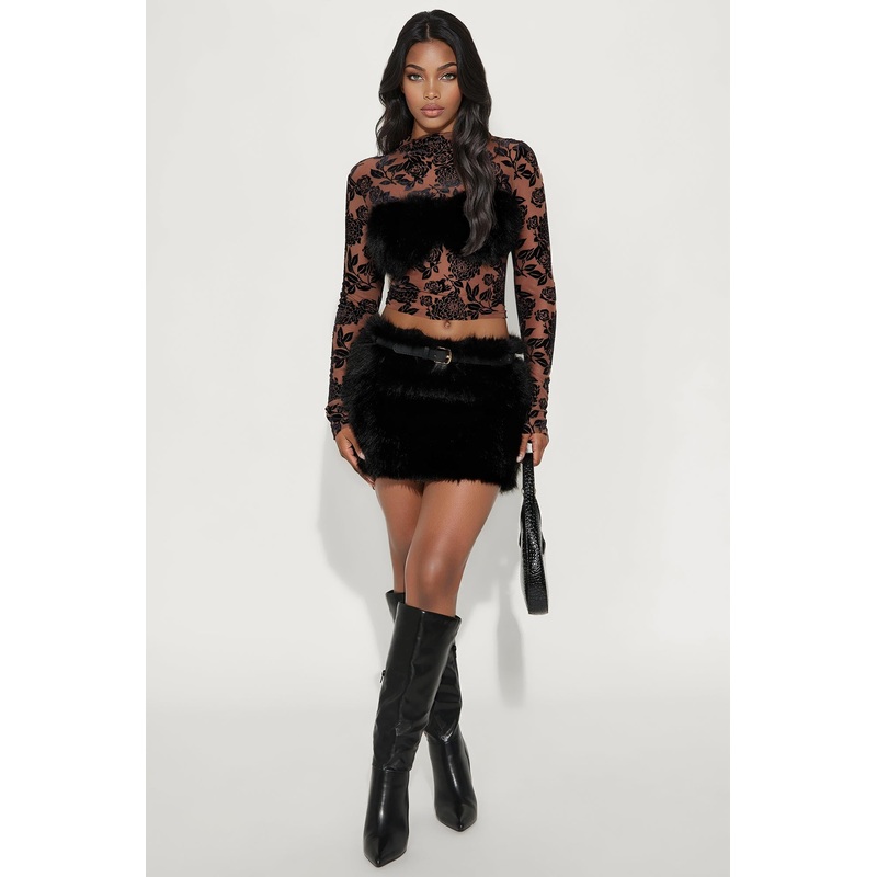 Very Invested Faux Fur Mini Skirt Set – Black