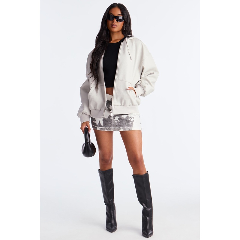 Alix Faux Leather Oversized Bomber Jacket – Light Grey
