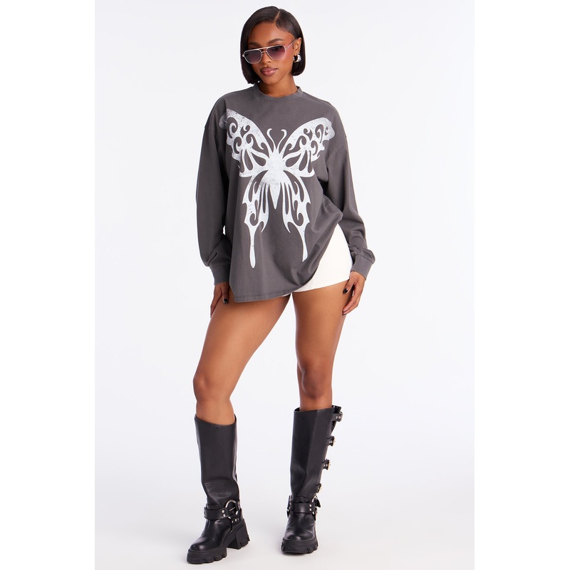 Glow Up Wings Butterfly Long Sleeve Tee – Black Wash