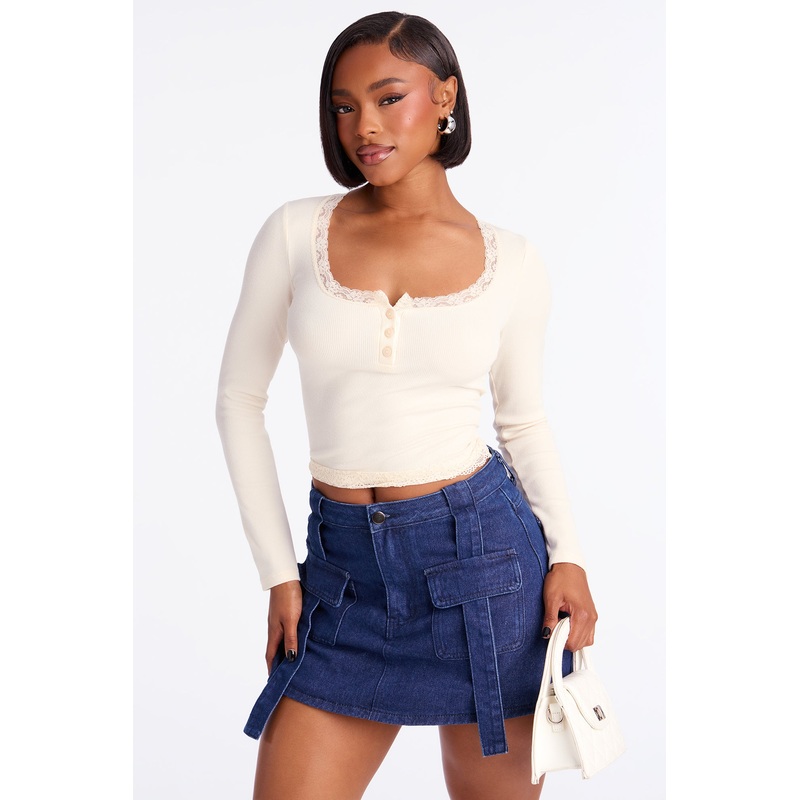 Mila Ribbed Lace Long Sleeve Henley Top – Off White