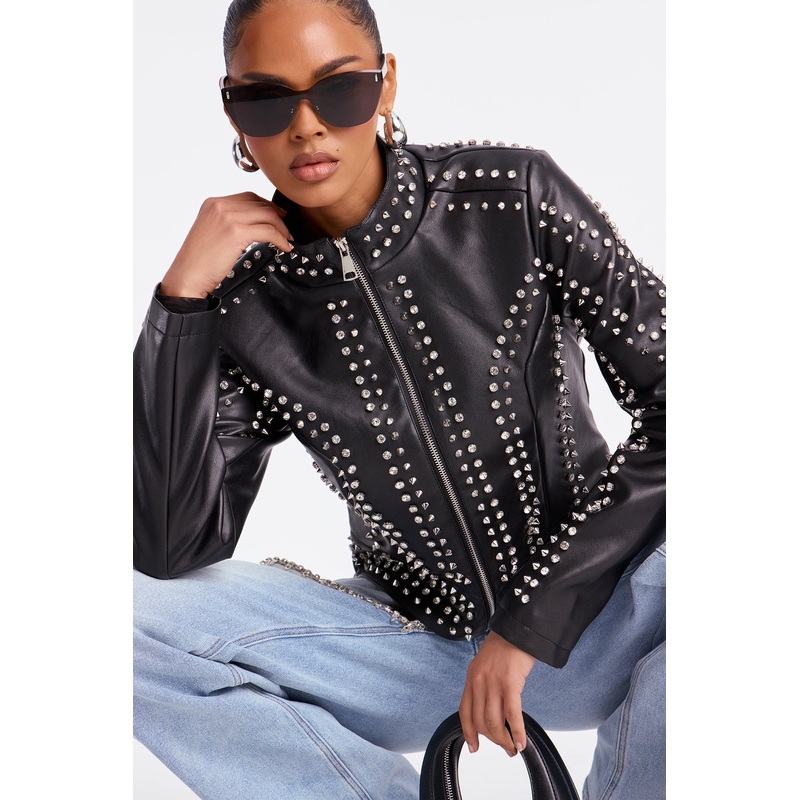 Worldwide Faux Leather Studded Moto Jacket – Black