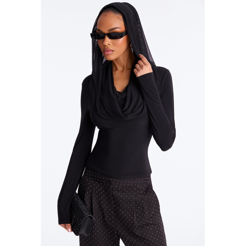 Ashtin Hooded Long Sleeve Top – Black