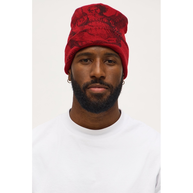 Blessed Graphic Cuffed Knit Beanie – Red