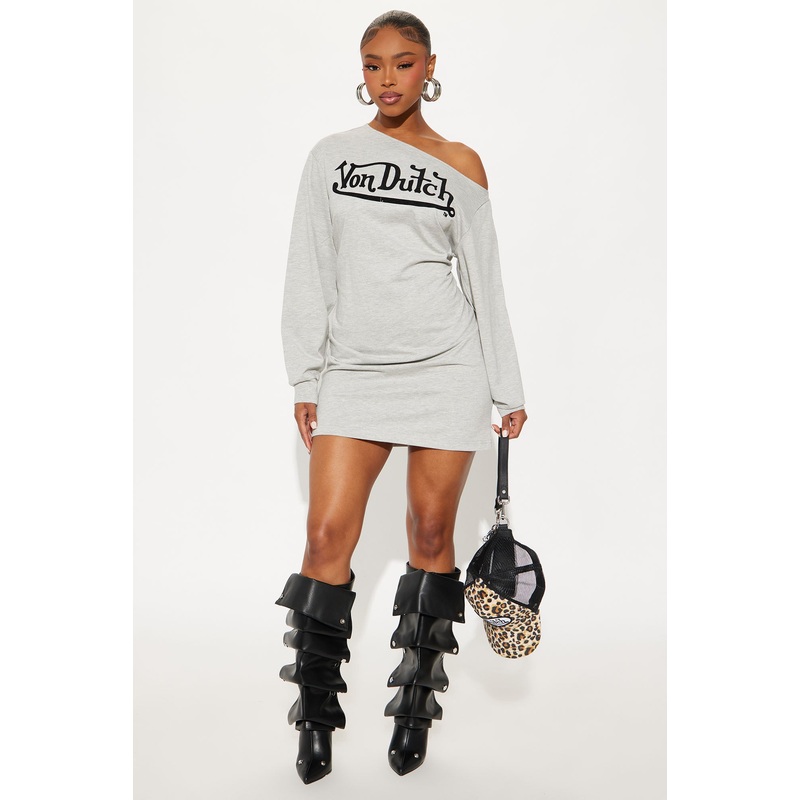 Von Dutch Timeless Off Shoulder Sweatshirt Mini Dress – Heather Grey