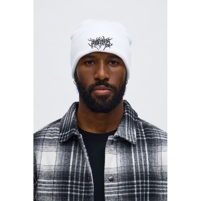 Abstract Embroidered Cuffed Ribbed Beanie – White