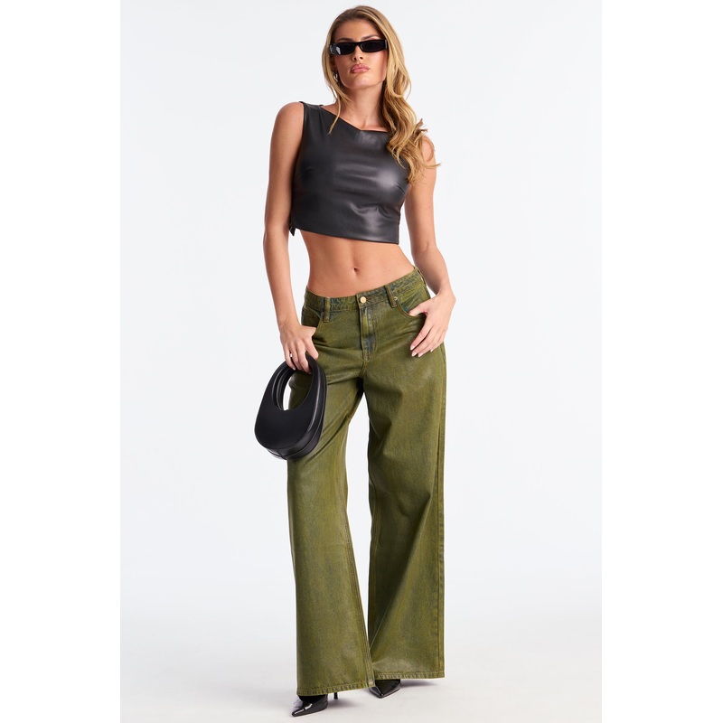 Acting Right Coated Wide Leg Jeans – Olive
