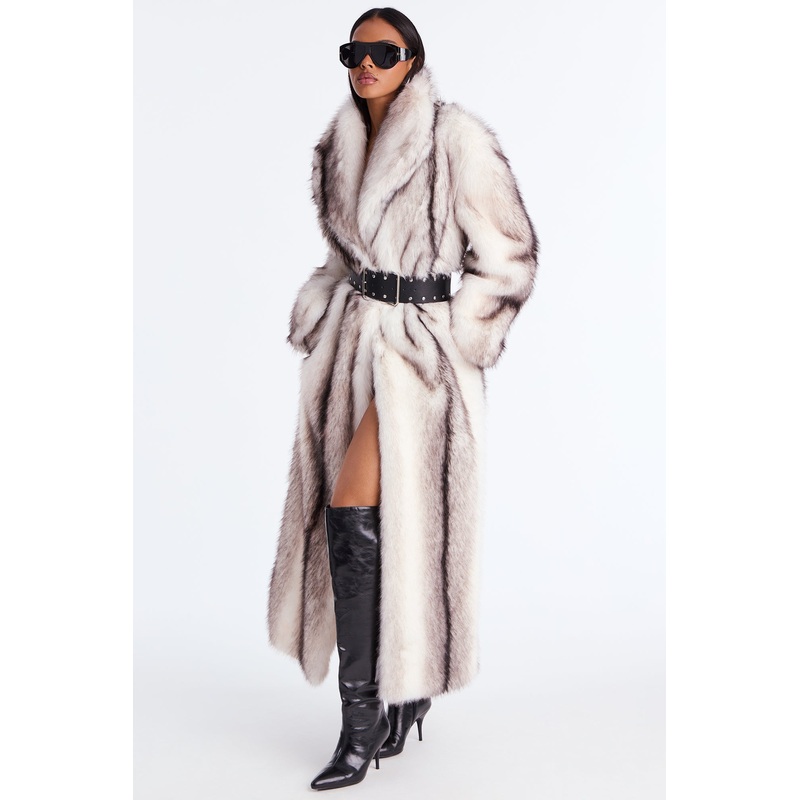 Bellatrix Two Tone Long Faux Fur Coat – Beige