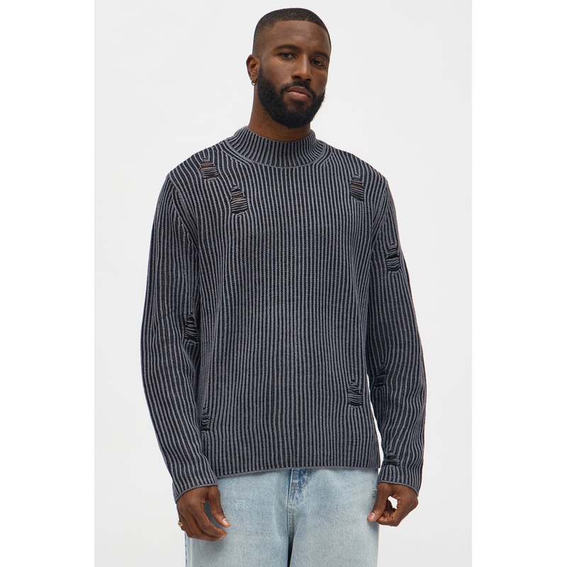 Cedarwood Distressed Mockneck Sweater – Black/combo