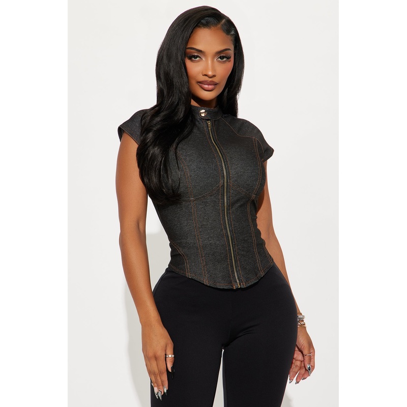 Delphine Short Sleeve High Neck Top – Denim