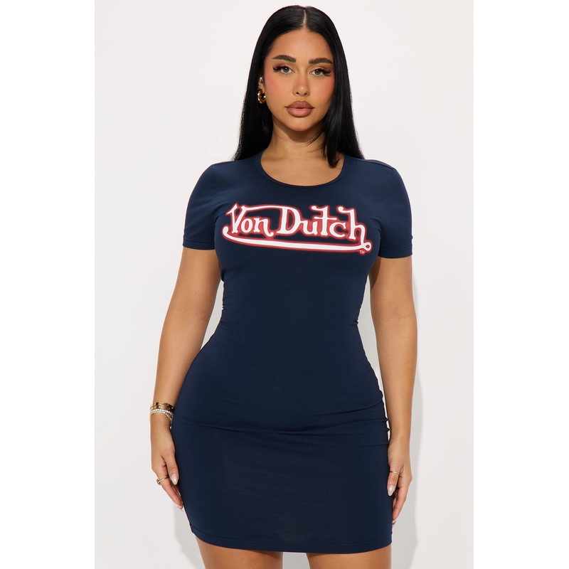 Von Dutch Graffiti T Shirt Mini Dress – Navy/Red