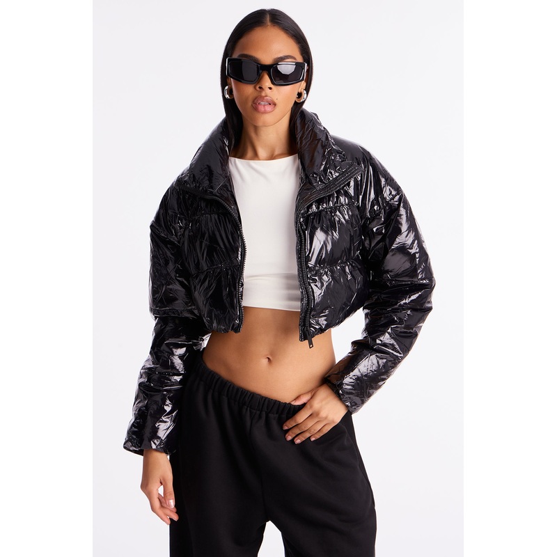 Zora Faux Patent Leather Cropped Puffer Jacket – Black