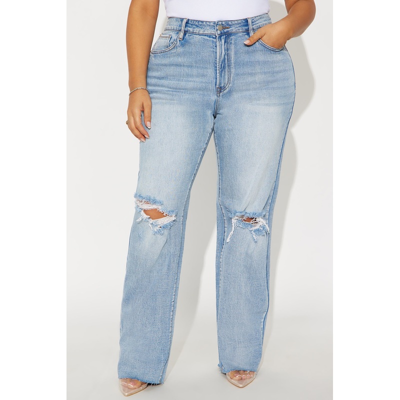 A Secret High Rise Ripped Stretch Straight Leg Jeans – Light Wash