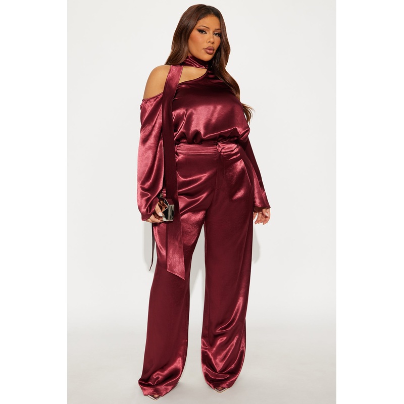 Adeline Satin Tie Neck Bodysuit Pant Set – Burgundy