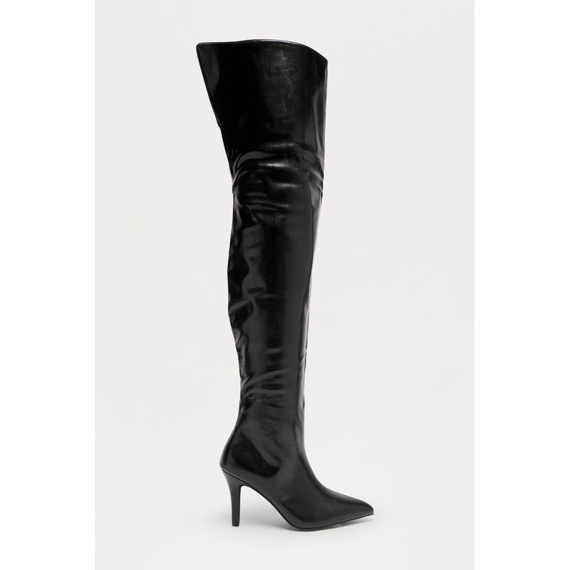 Rosalinda Faux Leather Thigh High Boots – Black