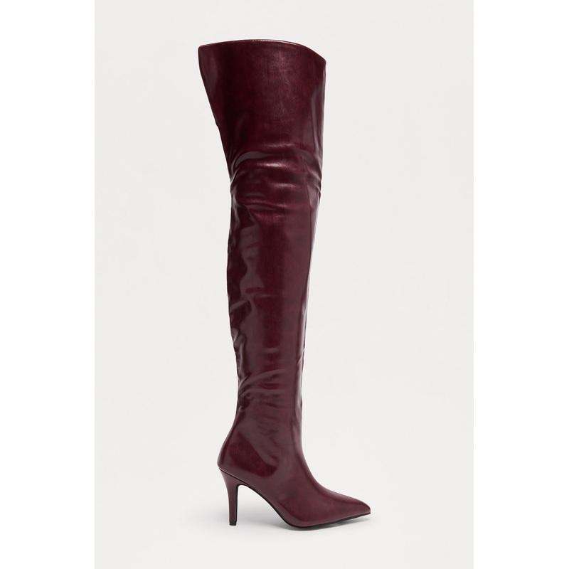 Rosalinda Faux Leather Thigh High Boots – Burgundy