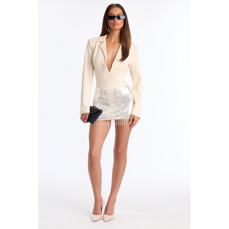 Star Of The Night Jewel Trim Sequin Micro Mini Skirt – Off White