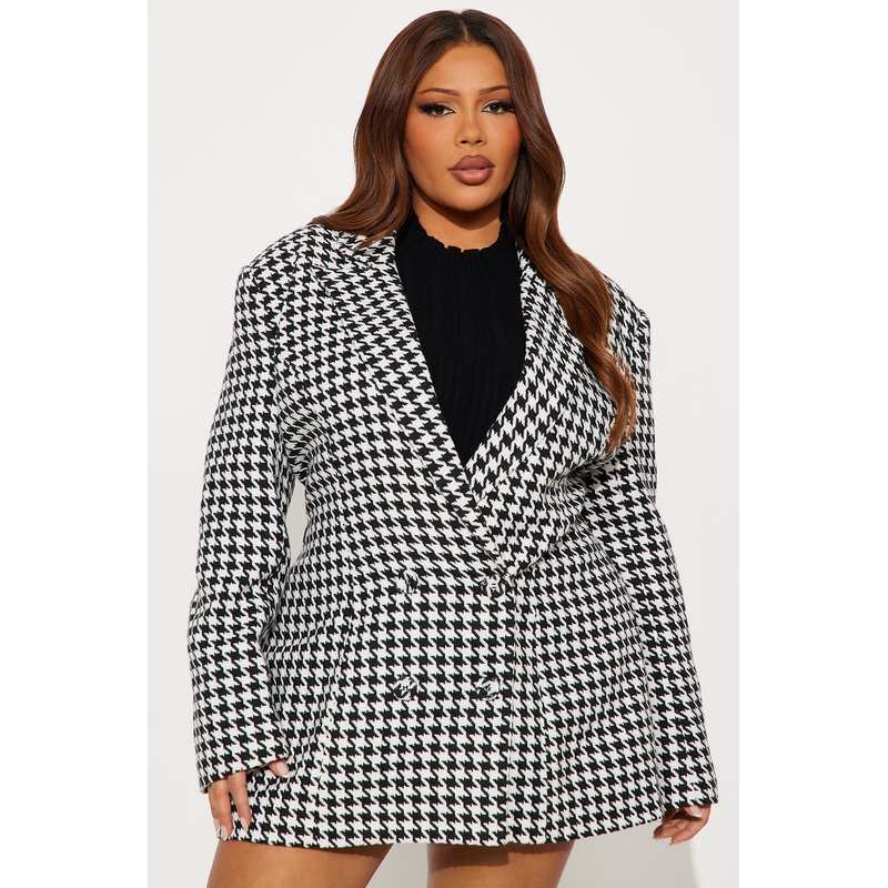 Winifred Belted Houndstooth Blazer – Black/White