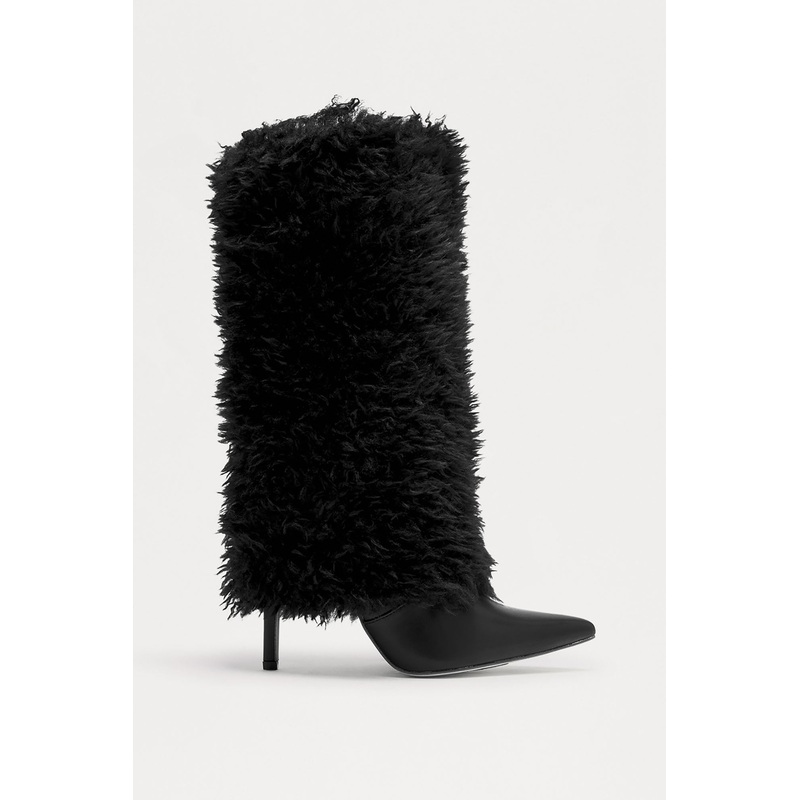 Winter Faux Fur Overlay Boots – Black