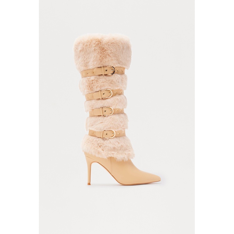 Albany Faux Fur Buckle Boots – Nude