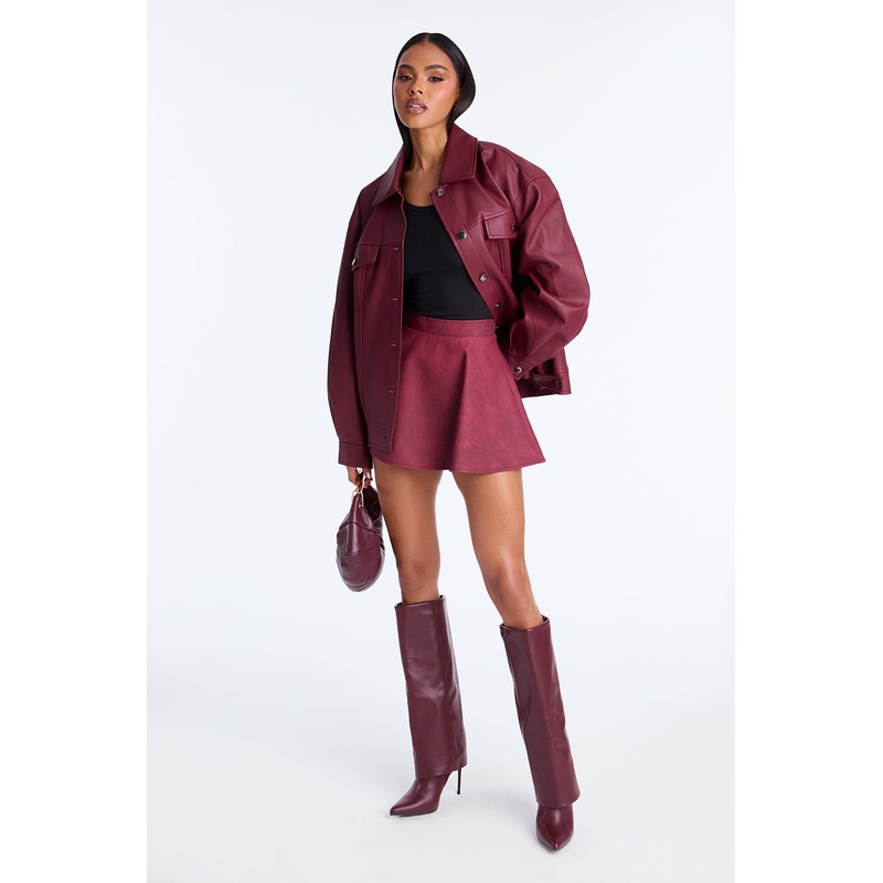 Alexus Faux Leather Mini Skater Skort – Burgundy