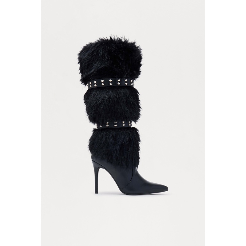 Cambridge Studded Faux Fur Boots – Black