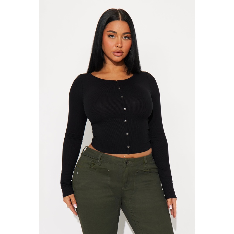 Daniella Ribbed Button Up Long Sleeve Top – Black