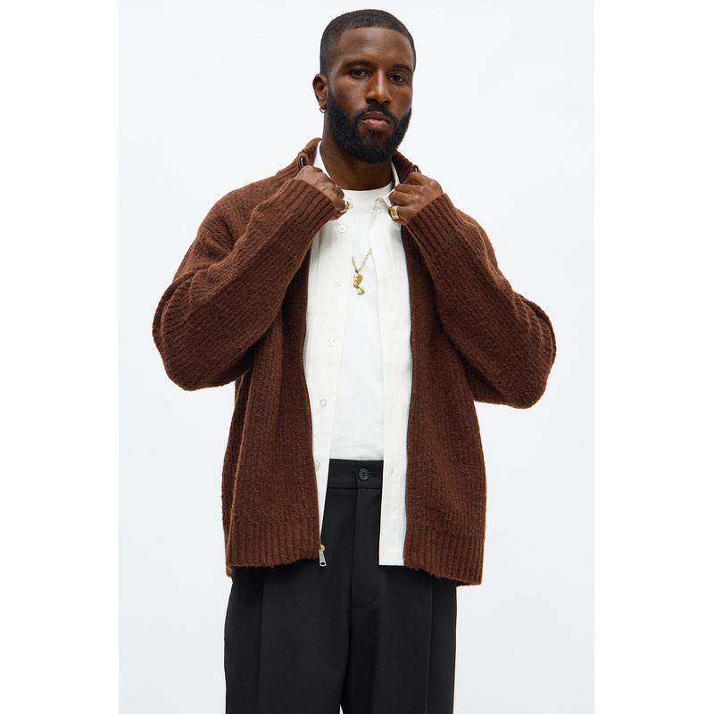 Oversized Willow Ribbed Zip Up Sweater – Brown