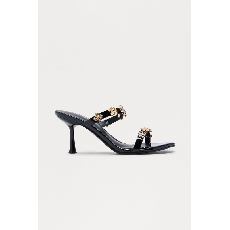 Adela Charm Faux Patent Mules – Black
