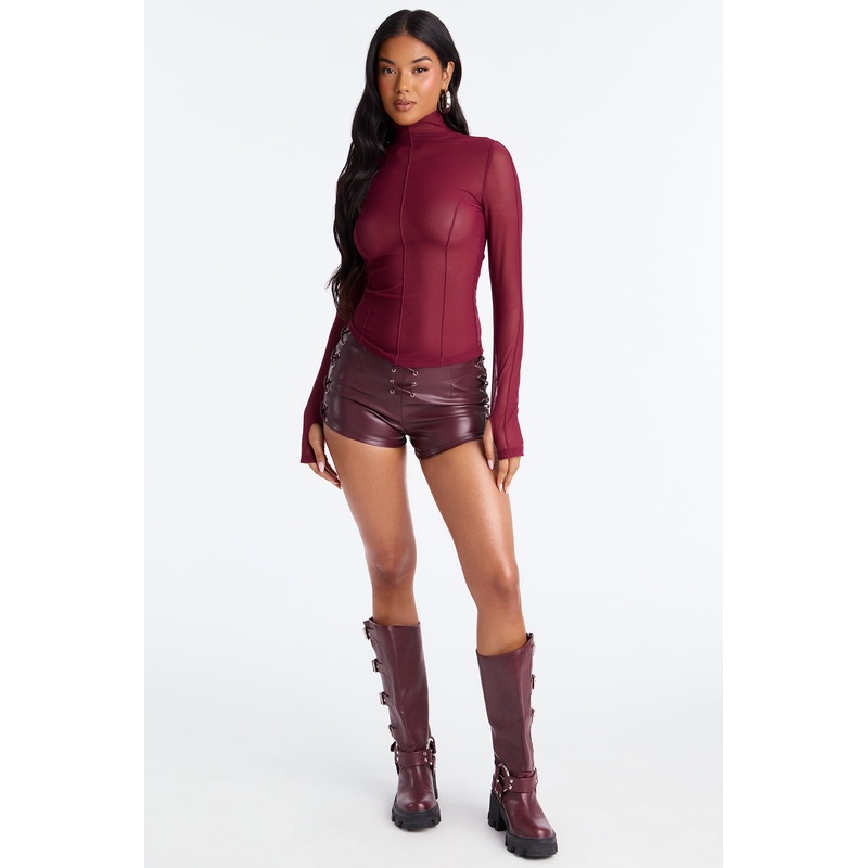 After Hours Lace Up Faux Leather Micro Short – Burgundy