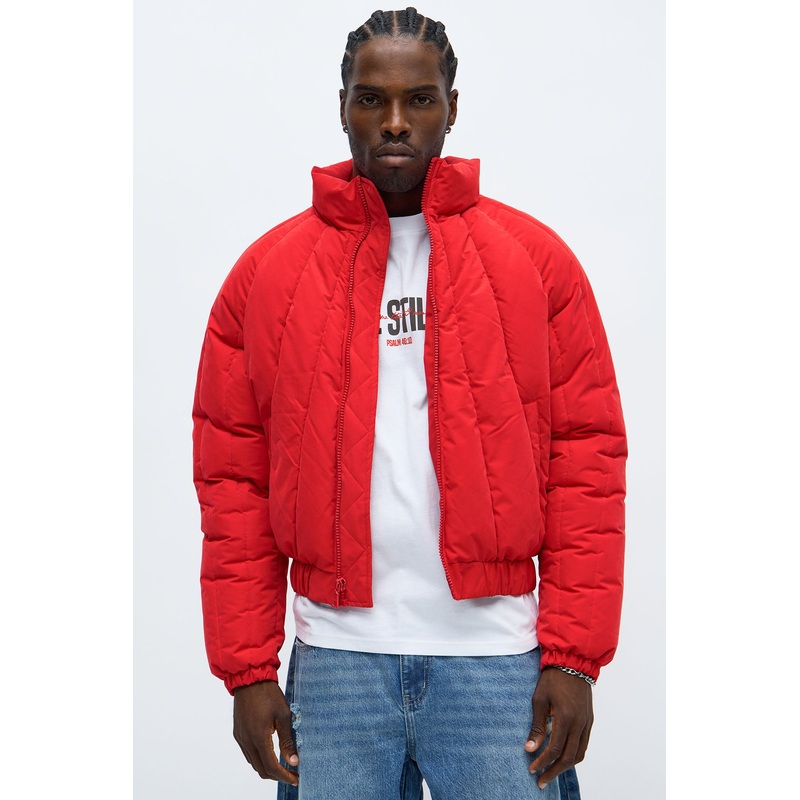 Cropped Center Of Attention Bomber Puffer Jacket – Red