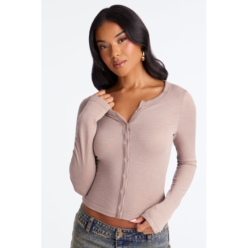 Katrina Button Up Long Sleeve Top – Stone