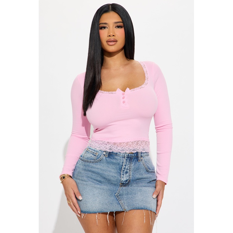 Mila Ribbed Lace Long Sleeve Henley Top – Light Pink