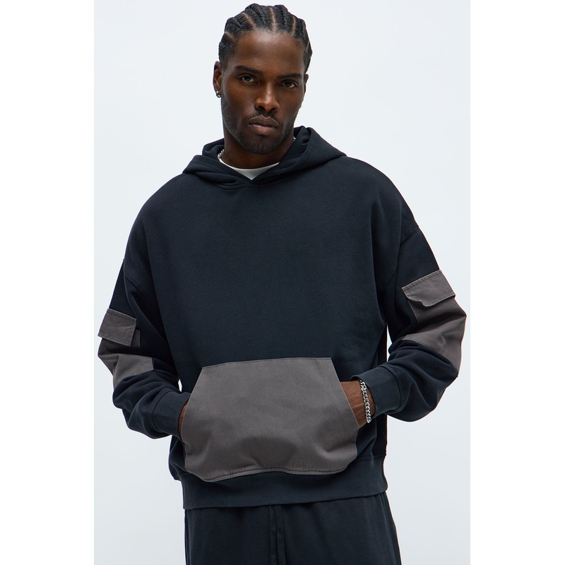 Oversized Twill Cargo Hoodie – Black/combo