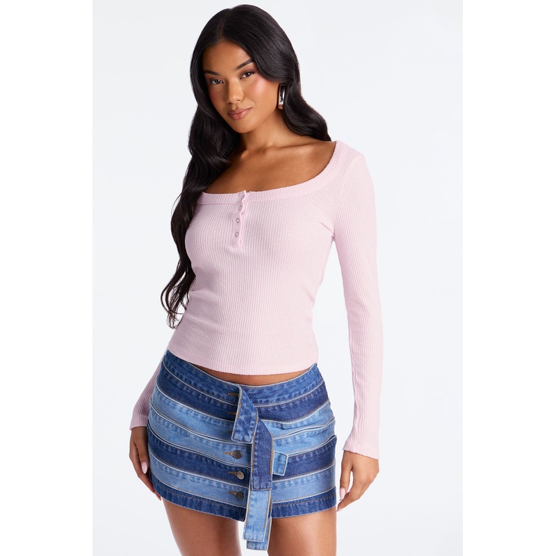 Serena Henley Ribbed Basic Top – Pink