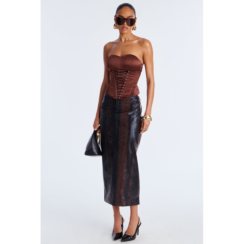 The Topic Of Discussion Snake Faux Leather Midi Skirt – Brown
