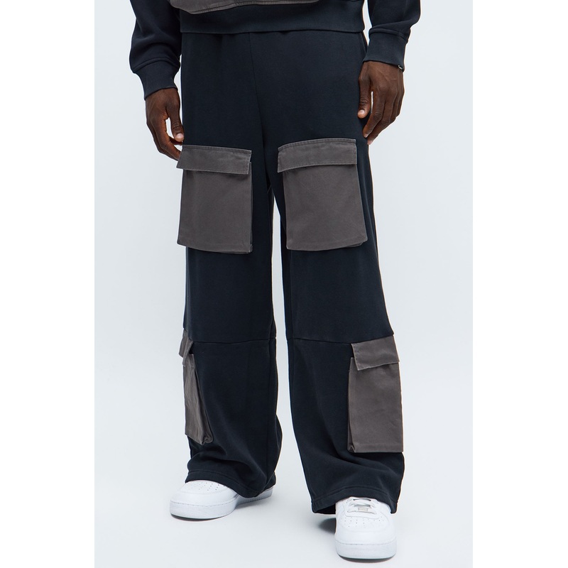 Wide Leg Twill Cargo Sweatpants – Black/combo