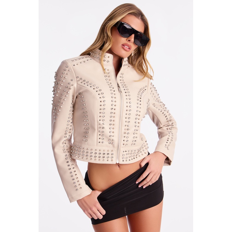 Worldwide Faux Leather Studded Moto Jacket – Stone