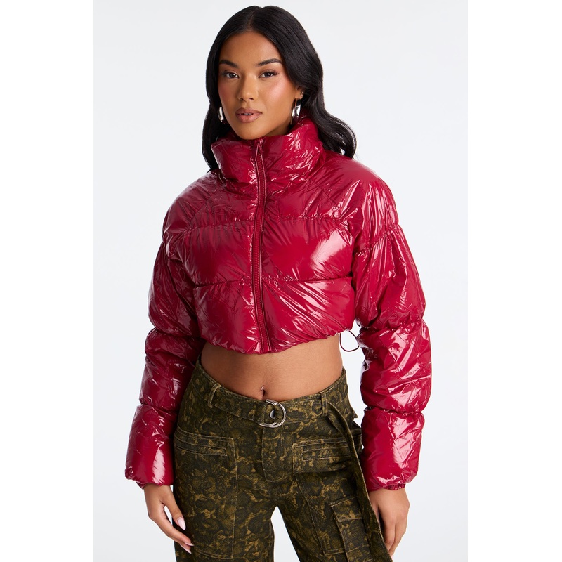 Zora Faux Patent Leather Cropped Puffer Jacket – Burgundy