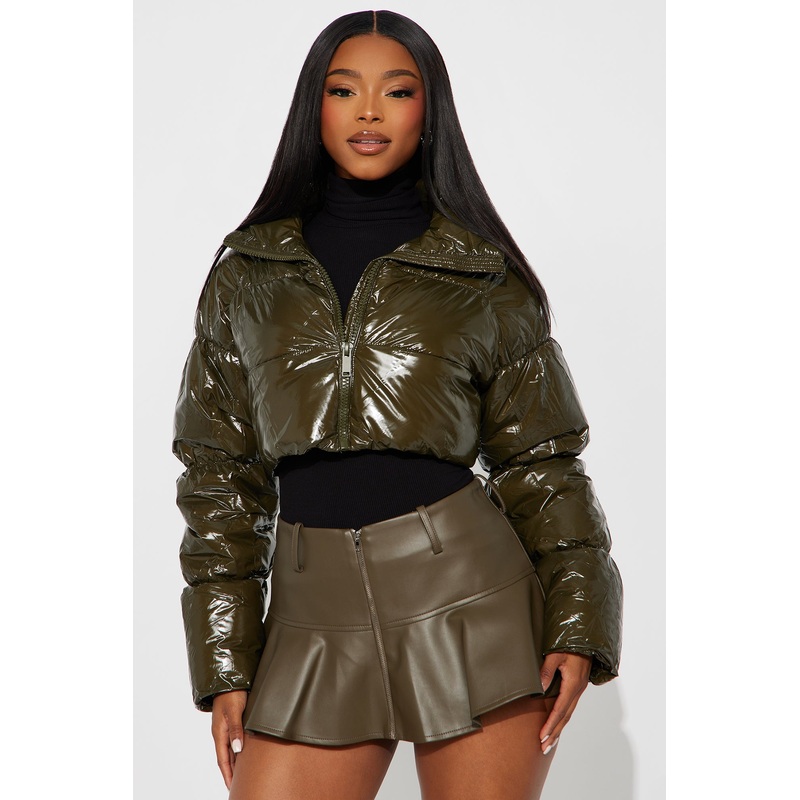 Zora Faux Patent Leather Cropped Puffer Jacket – Olive