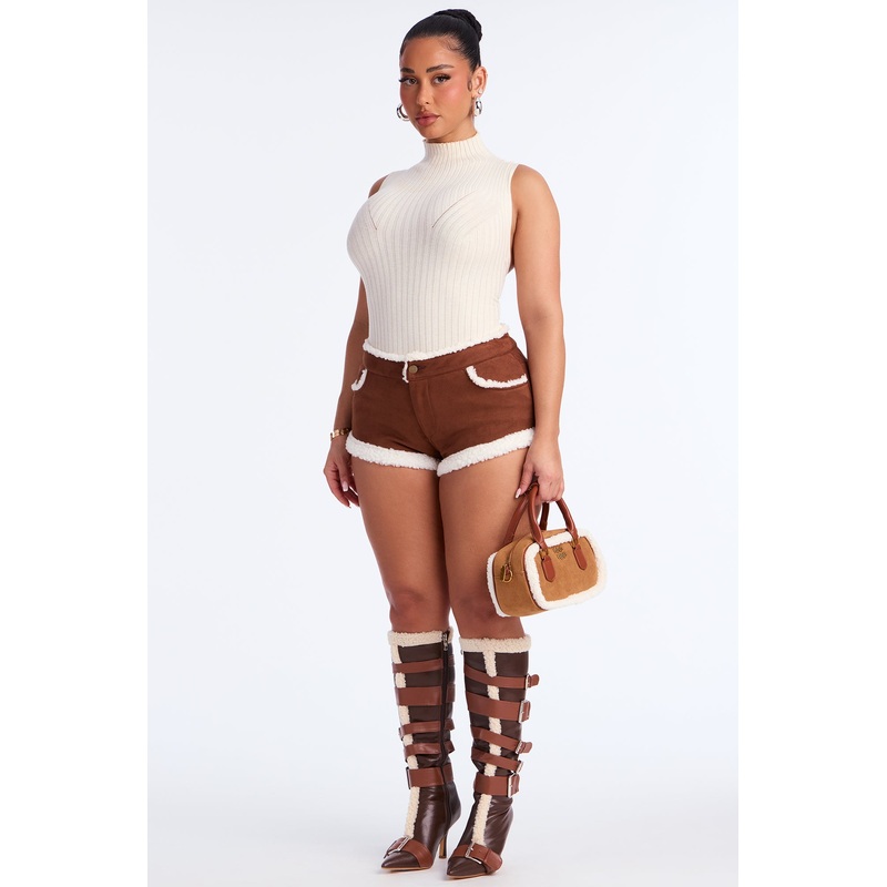 Cabin Crush Faux Suede Sherpa Micro Short – Dark Brown