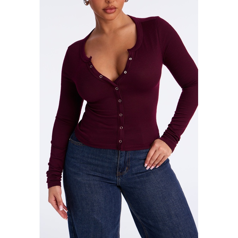 Katrina Button Up Long Sleeve Top – Wine