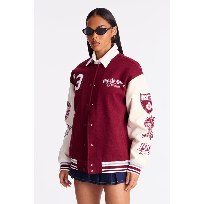 World Wide Chaos Varsity Jacket – Burgundy/combo
